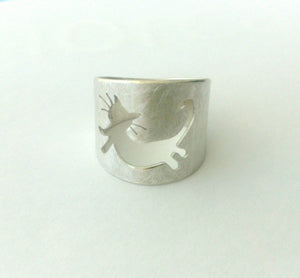 Banda d'anells de gat de plata, anell de gat gat en forma d'animal perforat a la mà, joia feta a mida de la senyora del gat boig