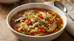 Sopa de pollo con fideos y soja: caldo ligero y aromático para días de frío